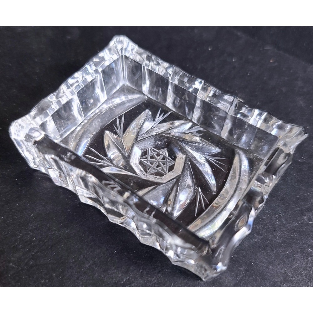 Mini Rectangular Ashtray Vintage Cut Crystal Trinket Dish Pinwheel Star Catchall